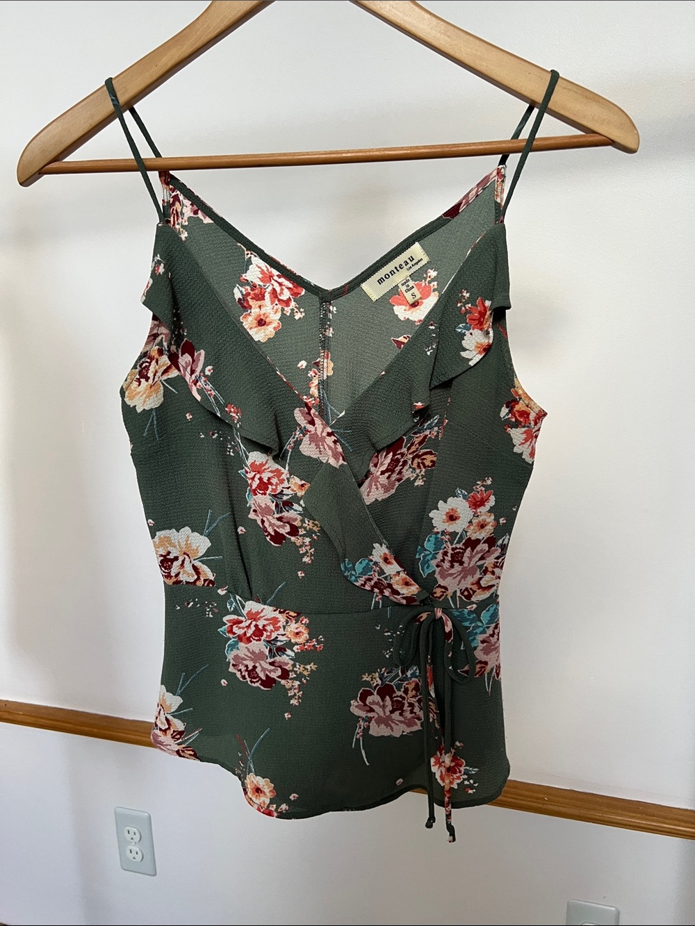 Monteau Dark Green Floral Faux Wrap Cami with Ruffle Trim